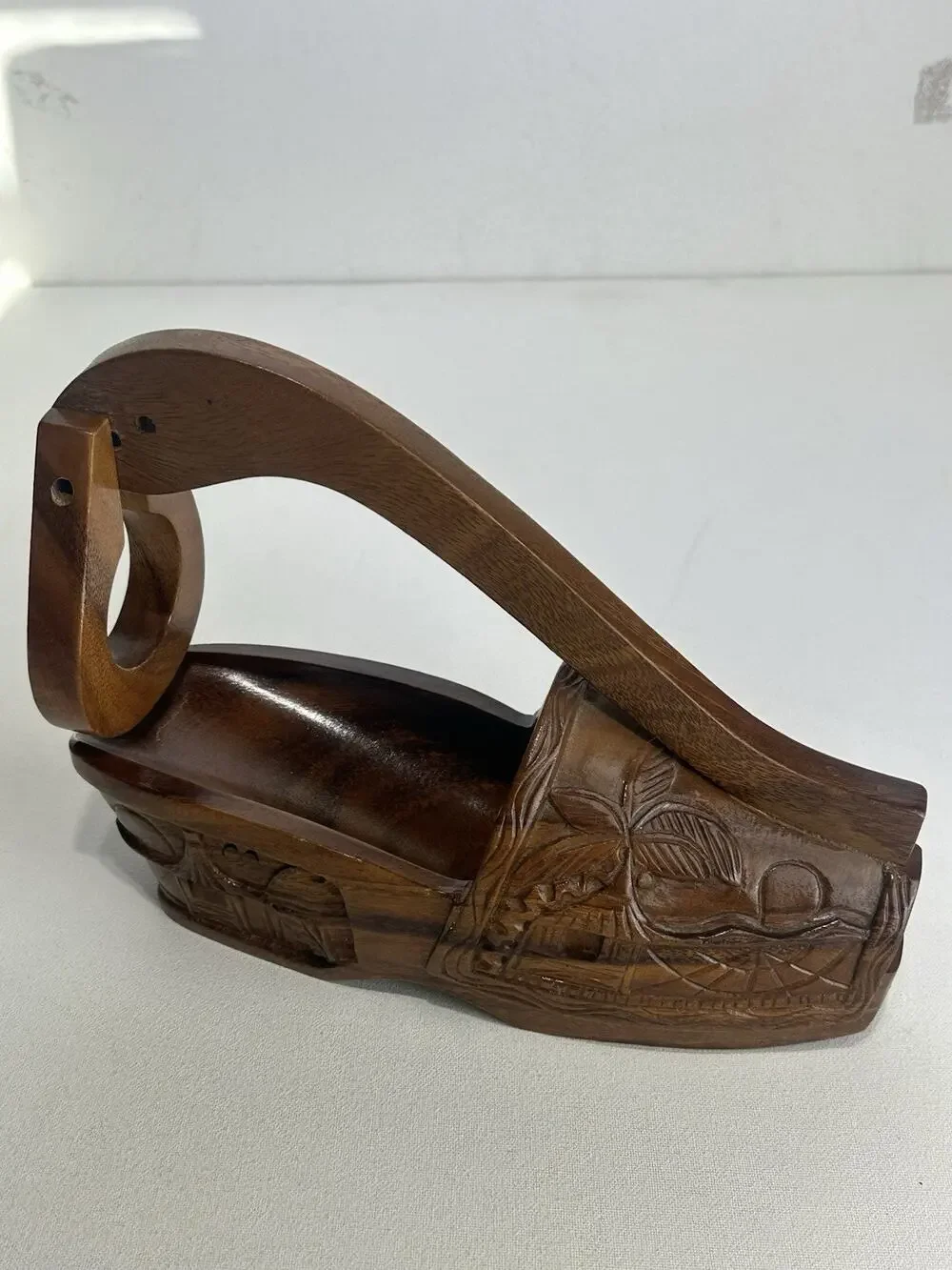 Vintage Handmade Wooden Shoe Shaped Wine Bottle Holder Carved Hawaiian